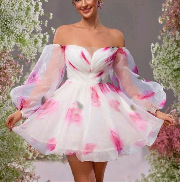 Elegant, Romantic And Sweet, Pink Organza, Soft Focus Floral Print, Tube Top - Picture 1 of 4